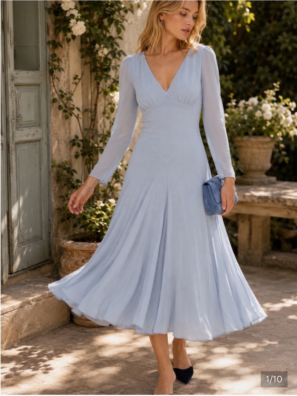 REFORMATION MAUREEN Light Blue V-Neck Long Sleeve Midi Dress